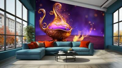 Golden magic lamp on bright and purple background Wall mural