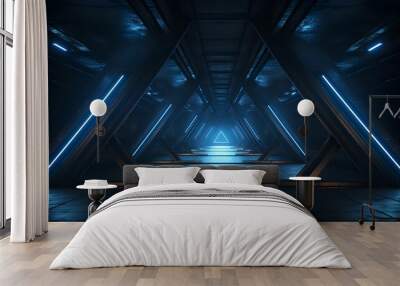 Neon Blue Dark Metal Schematic Textured Alien Spaceship Warehouse Tunnel Corridor Hallway Triangle Shaped Empty Rough Cement Concrete Asphalt Background 3D Rendering Wall mural