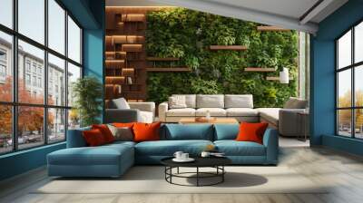 A 3D vertical garden wall pattern in an eco-friendly living room with sustainable furniture and natural light. Wall mural