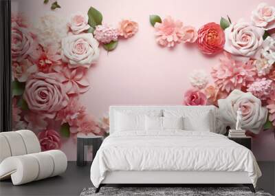 A picturesque arrangement featuring a frame composed of vibrant rose flowers and lush green leaves on a soft pink surface, exuding natural beauty. Wall mural