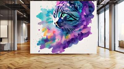 watercolor art of cat with multi color background Wall mural