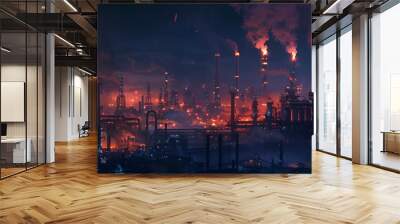 With the reddish lights at night over the cityscape in the style of industrial background Wall mural