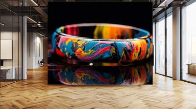 wo bands featuring unique and intricate designs, placed on a bed of colorful paint splatters and paintbrushes, reflecting your artistic personalities. Wall mural