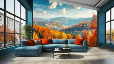 A beautiful autumn landscape with a mountain range in the background Wall mural