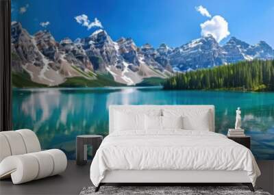 A beautiful lake surrounded by mountains with a clear blue sky Wall mural