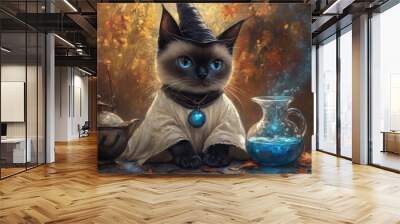 A cat in a wizard costume is sitting on a table with a blue vase Wall mural