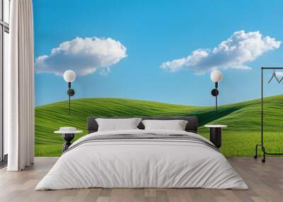 A large field of grass with two clouds in the sky Wall mural