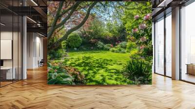 A lush green garden with a pink tree in the background Wall mural