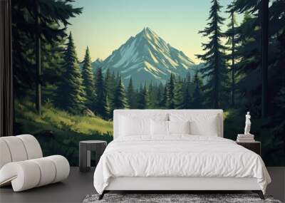 A mountain range is in the background of a forest Wall mural