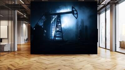 Artwork decoration. Oil pump and oil rig energy industrial machines for petroleum at night with fog and backlight. Oil refining factory. Energy industrial concept. Selective focus Wall mural