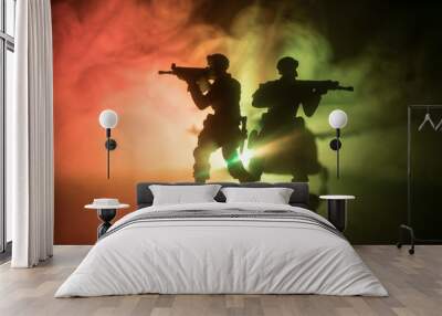 Artwork decoration. Soldiers in the desert during the military operation with combat helicopter or Helicopter assault special forces. Wall mural