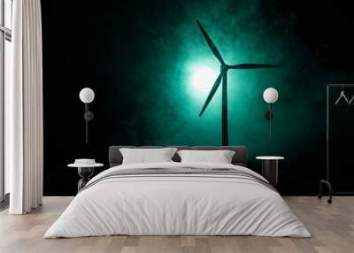 concept idea eco power energy. wind turbine on hill with sunset. Wind Turbine producing alternative energy. Wall mural