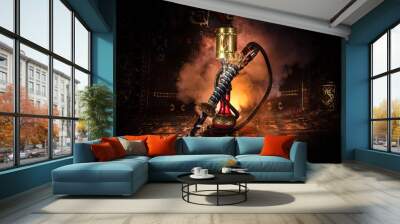 Hookah hot coals on shisha bowl with black background. Stylish oriental shisha. Shisha Concept. Copy space Wall mural