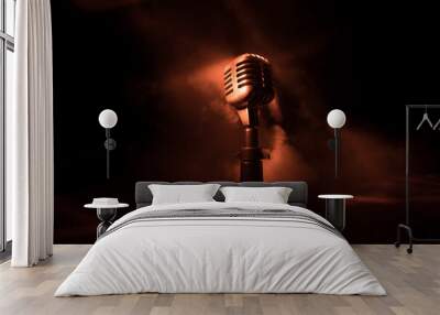 Microphone for sound, music, karaoke in audio studio or stage. Mic technology. Voice, concert entertainment background. Speech broadcast equipment. Live pop, rock musical performance Wall mural