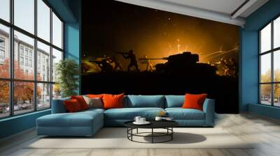 Tanks in the conflict zone. The war in the countryside. Tank silhouette at night. Battle scene. Wall mural