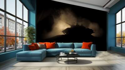 War Concept. Military silhouettes fighting scene on war fog sky background, World War German Tanks Silhouettes Below Cloudy Skyline At night. Attack scene. Armored vehicles. Tanks battle Wall mural