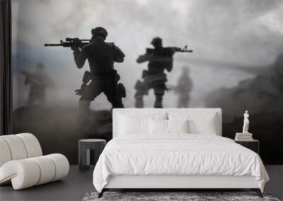 war concept. military silhouettes fighting scene on war fog sky background, world war soldiers silho Wall mural