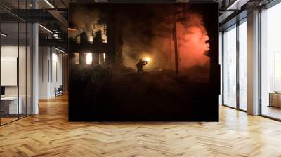 war concept. military silhouettes fighting scene on war fog sky background, world war soldiers silho Wall mural