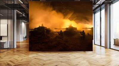 war concept. military silhouettes fighting scene on war fog sky background, world war soldiers silho Wall mural