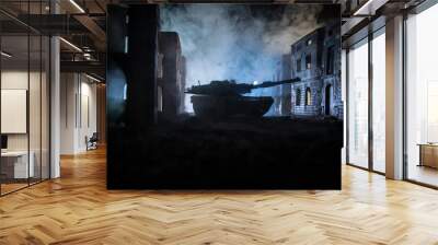 War Concept. Military silhouettes fighting scene on war fog sky background, World War Soldiers Silhouette Below Cloudy Skyline At night. Battle in ruined city. Wall mural