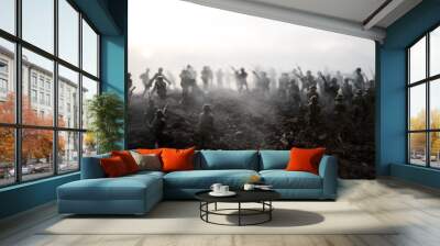 War Concept. Military silhouettes fighting scene on war fog sky background, World War Soldiers Silhouettes Below Cloudy Skyline At night. Attack scene. Armored vehicles. Tanks battle. Decoration Wall mural