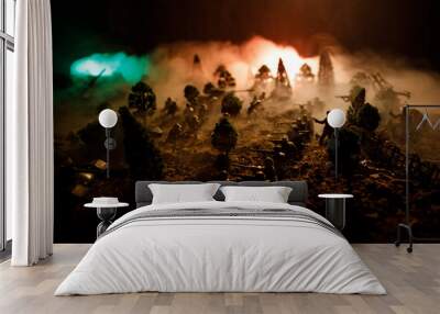 War Concept. Military silhouettes fighting scene on war fog sky background, World War Soldiers Silhouettes Below Cloudy Skyline At night. Attack scene. Selective focus Tanks battle. Decoration Wall mural