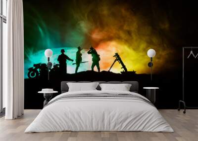 War Concept. Military silhouettes fighting scene on war fog sky background, Wall mural