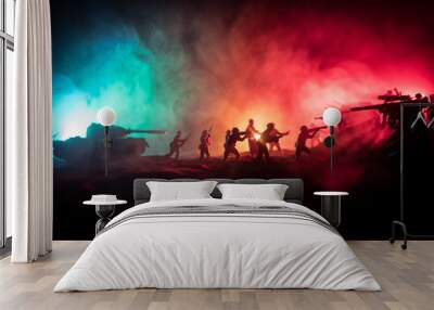 War Concept. Military silhouettes fighting scene on war fog sky background, Wall mural