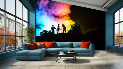 War Concept. Military silhouettes fighting scene on war fog sky background, Wall mural