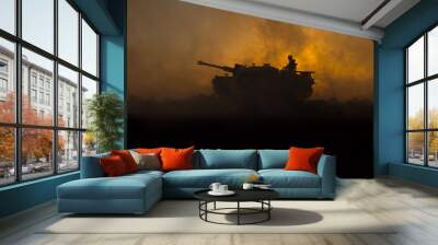 War Concept. Military silhouettes fighting scene. World War German Tanks and soldiers silhouettes at sunset. Attack scene. Armored vehicles. Wall mural