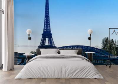 Eiffel Tower and Bridge Rouelle over Seine River in Paris, France Wall mural