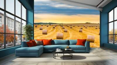 Two bundles of the straw on the meadow during the sunset, sunrise Wall mural