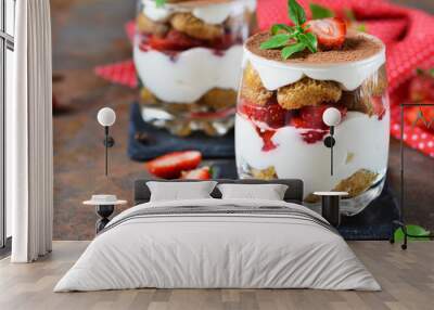 Italian dessert tiramisu with strawberries on an old grunge background Wall mural