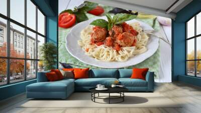 Spaghetti with tomato sauce and meatballs Wall mural