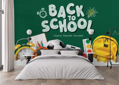 Back to school text vector template design. Back to school greeting in green space with backpack, soccer ball, alarm clock, calculator and water color elements in paper cut box. Vector illustration  Wall mural