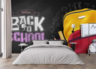 Back to school vector design. Welcome back to school text in chalkboard background with backpack bag and doodle typography decoration for kids educational learning and study items. Vector illustration Wall mural