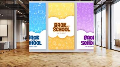 Back to school vector poster set design. Back to school text in cloud abstract template with doodle drawing pattern decoration for educational learning study messages. Vector illustration.
 Wall mural