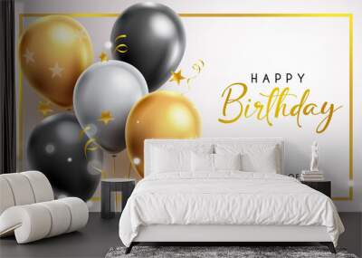 birthday balloons vector design. happy birthday greeting text with elegant gold and black balloon in Wall mural