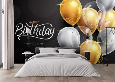 Birthday elegant balloons vector design. Happy birthday text with gold gray balloon and confetti in black background for birth day celebration messages card. Vector illustration.
 Wall mural