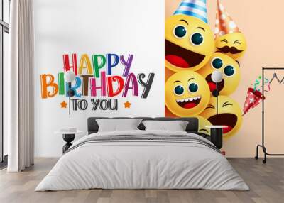 Birthday emoji smiley vector background template. Happy birthday to you greeting text in white empty space for messages with yellow face emoji smileys wearing party elements for birthday celebration. Wall mural