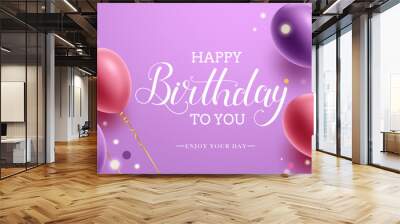 Birthday greeting vector background design. Happy birthday to you text with colorful flying balloons element in purple space for birth day messages. Vector illustration.
 Wall mural