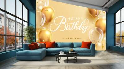 Birthday greeting vector design. Happy birthday text in golden background with gold balloons and confetti elements for elegant birth day celebration decoration. Vector illustration.
 Wall mural