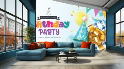 Birthday party vector template design. Happy birthday invitation card with gift box, party hat  and streamers decoration elements for greeting postcard design. Vector illustration birthday invitation  Wall mural