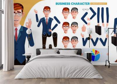 Business man character kit vector set. Businessman creation characters with hand gestures and head facial expressions editable for job employee body parts creator design. Vector illustration.
 Wall mural