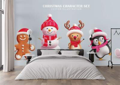 Christmas characters vector set banner design. Santa claus, ginger bread, snowman, reindeer, penguin and polar bear christmas cute character collection in isolated background. Vector illustration Wall mural