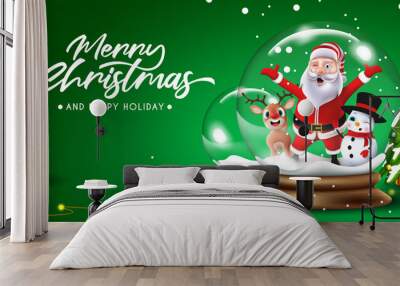 Christmas greeting vector background design. Merry Christmas text with santa claus, snowman and reindeer characters standing in crystal glass ball for xmas season. Vector illustration.
 Wall mural