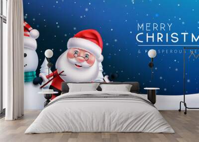 Christmas greeting vector design. Merry christmas text with christmas characters of santa claus and snow man in outdoor winter for xmas holiday messages. Vector illustration.
 Wall mural