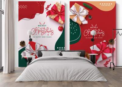 Christmas greeting vector poster set design. Merry christmas greeting text in colorful printed background with gift box, holly berry and spruce leaves elements. Vector illustration invitation card  Wall mural