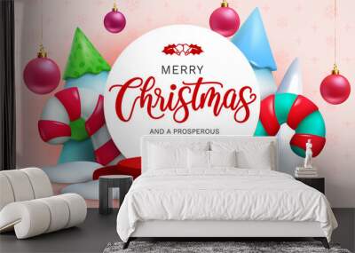 Christmas greeting vector template design. Merry christmas text in circle space with xmas balls, candy cane and fir tree elements for holiday season outdoor decoration. Vector illustration.
 Wall mural