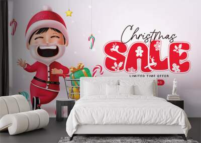 Christmas sale vector banner design. Christmas sale text iwith happy santa claus posing and waiving character for 50% off special promo in snow winter background. Vector illustration holiday season  Wall mural